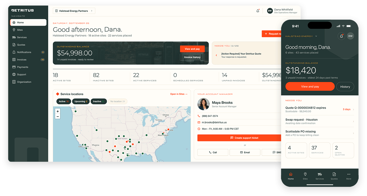 Detritus customer app on desktop and phone, showing an outstanding balance,
                site and service counts, a service location map, and a named account manager.