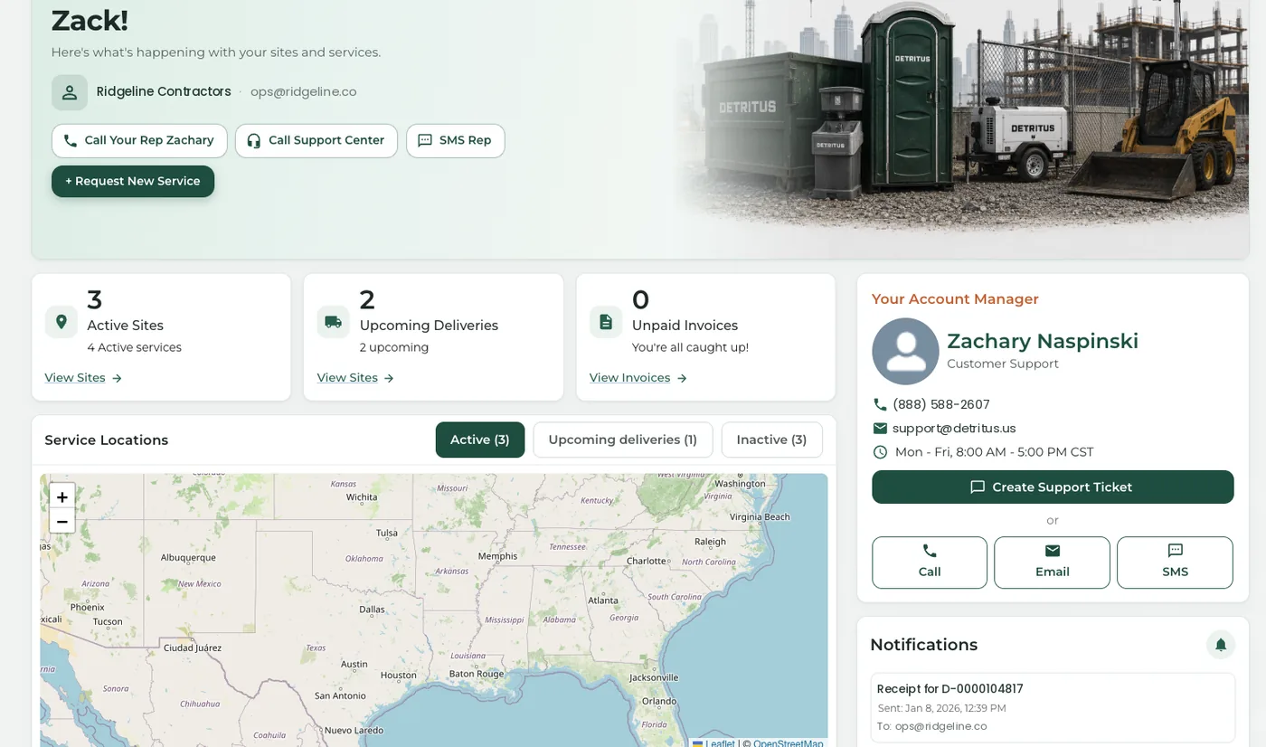 Detritus customer portal showing active sites, upcoming deliveries, no unpaid invoices,
                a service location map, and a named account manager with direct contact details.